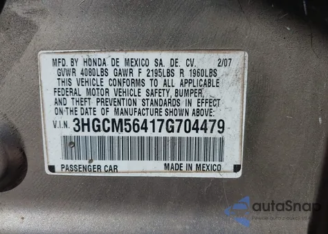 2007 Honda Accord 2.4 Lx from USA, damaged, VIN 3HGCM56417G704479